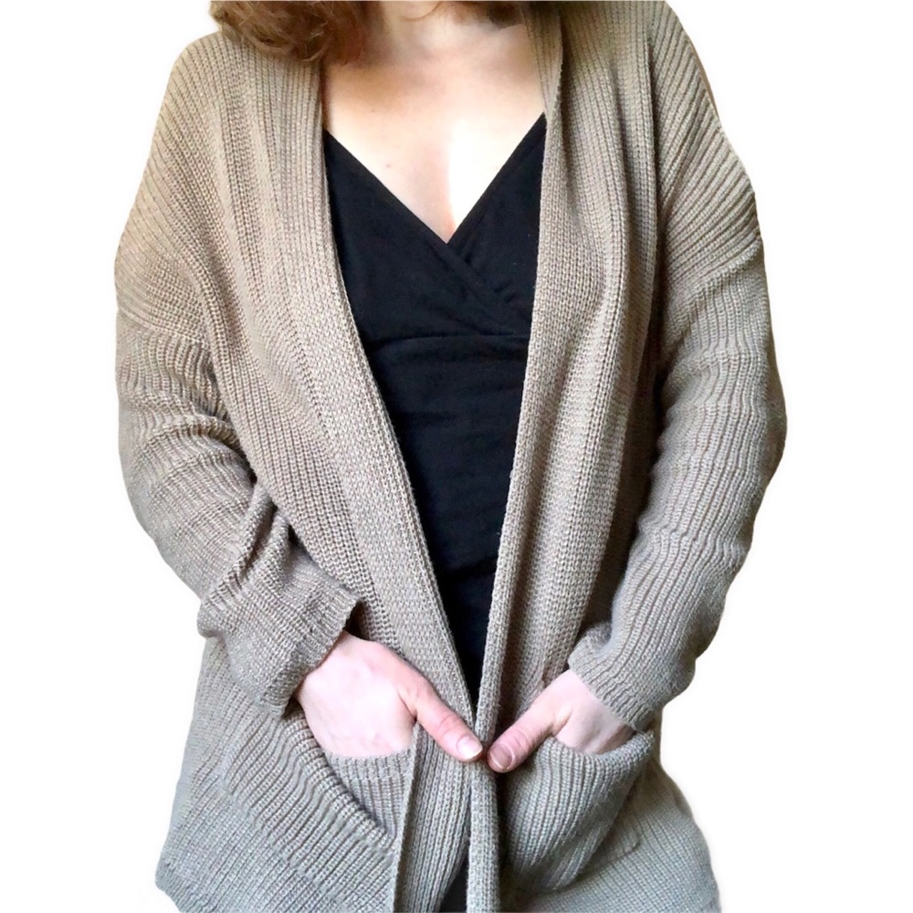 Women’s Chunky Knit Cardigan M Medium Miracle Open Front tan shawl collar